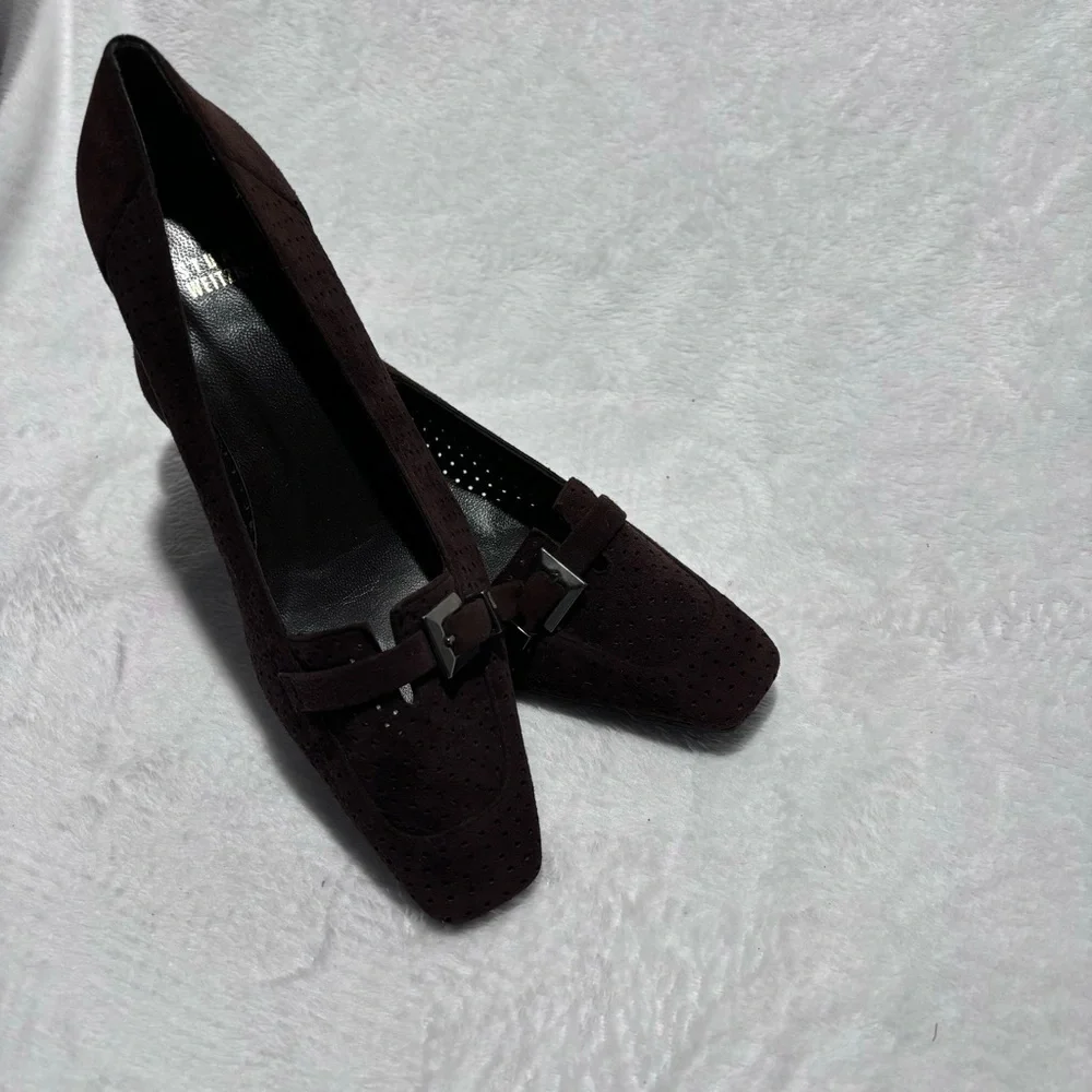 Stuart Weitzman Perforated‎ Suede Heeled Loafers Size 6